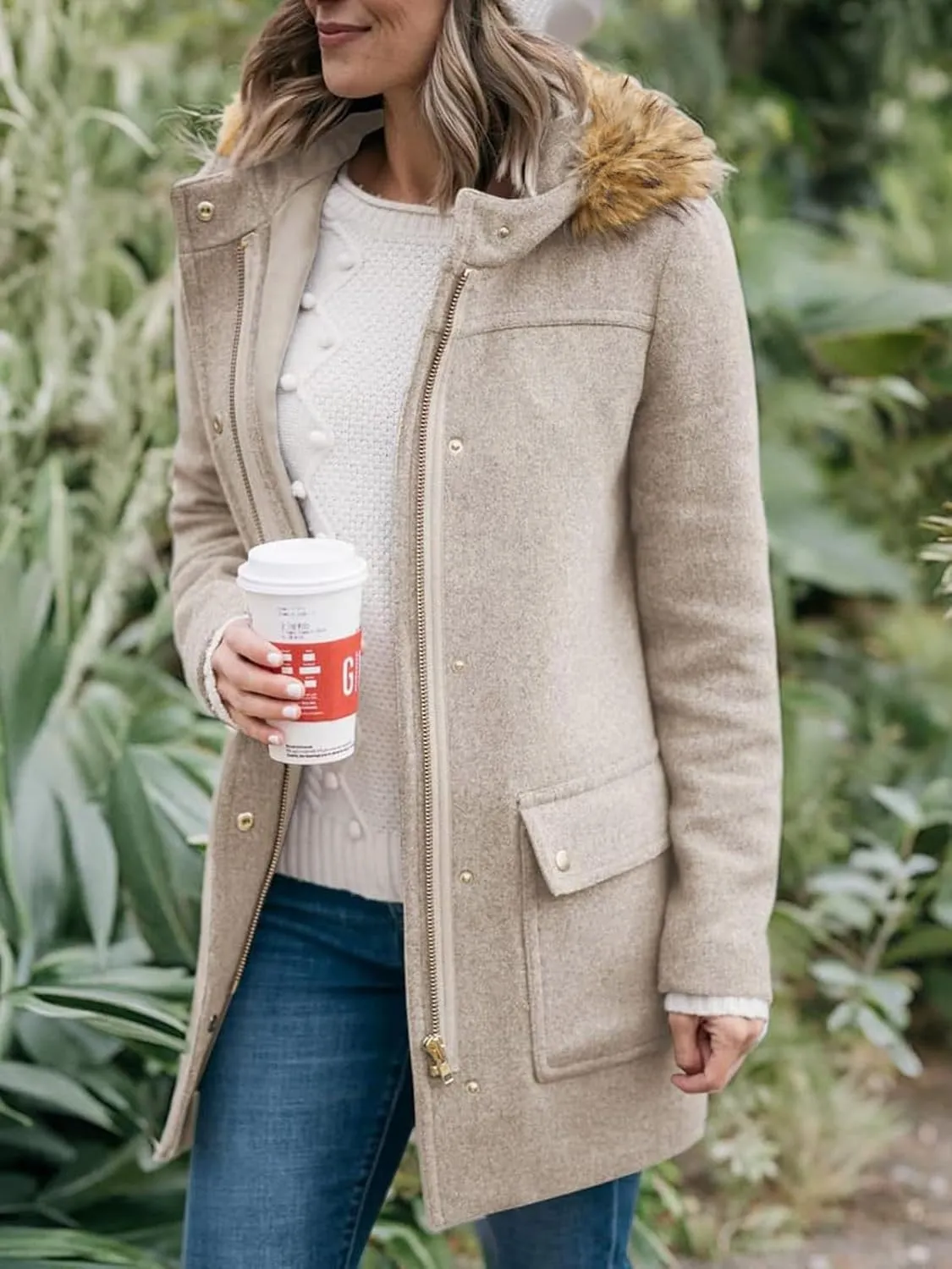 Shanfetl Womens Coats Fall Winter Warm Mid Length Pea Coats Elegant Jackets Outwear with Faux Fur Hood