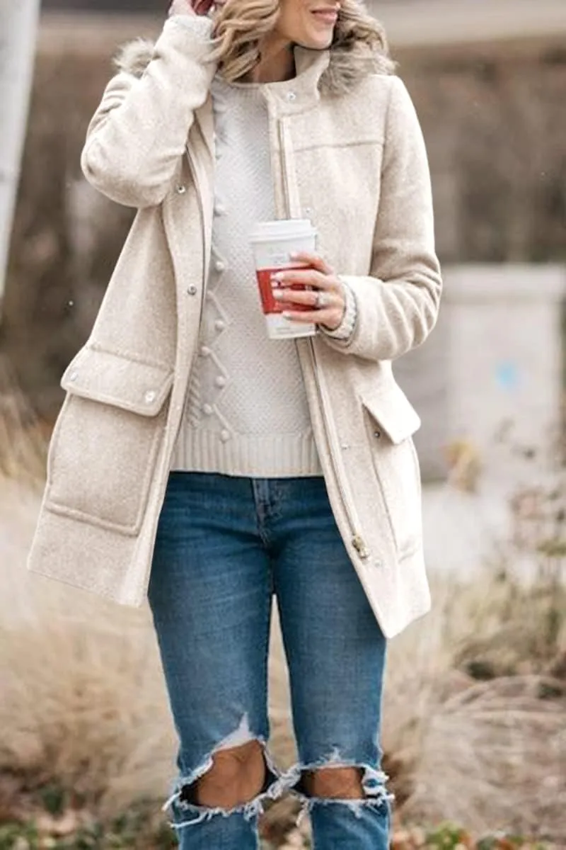 Shanfetl Womens Coats Fall Winter Warm Mid Length Pea Coats Elegant Jackets Outwear with Faux Fur Hood