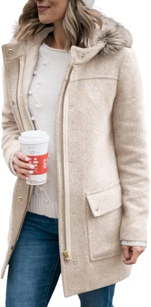 Shanfetl Womens Coats Fall Winter Warm Mid Length Pea Coats Elegant Jackets Outwear with Faux Fur Hood