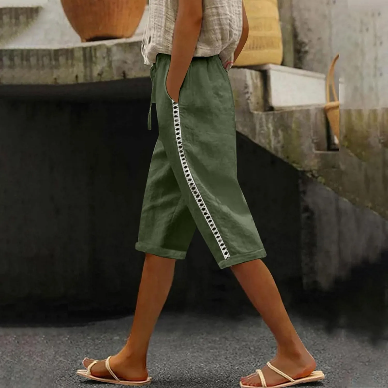 Shorts for Women Fashion Drawstring Elastic High Waisted Side Hollow Out Knee Length Solid Short with Pockets