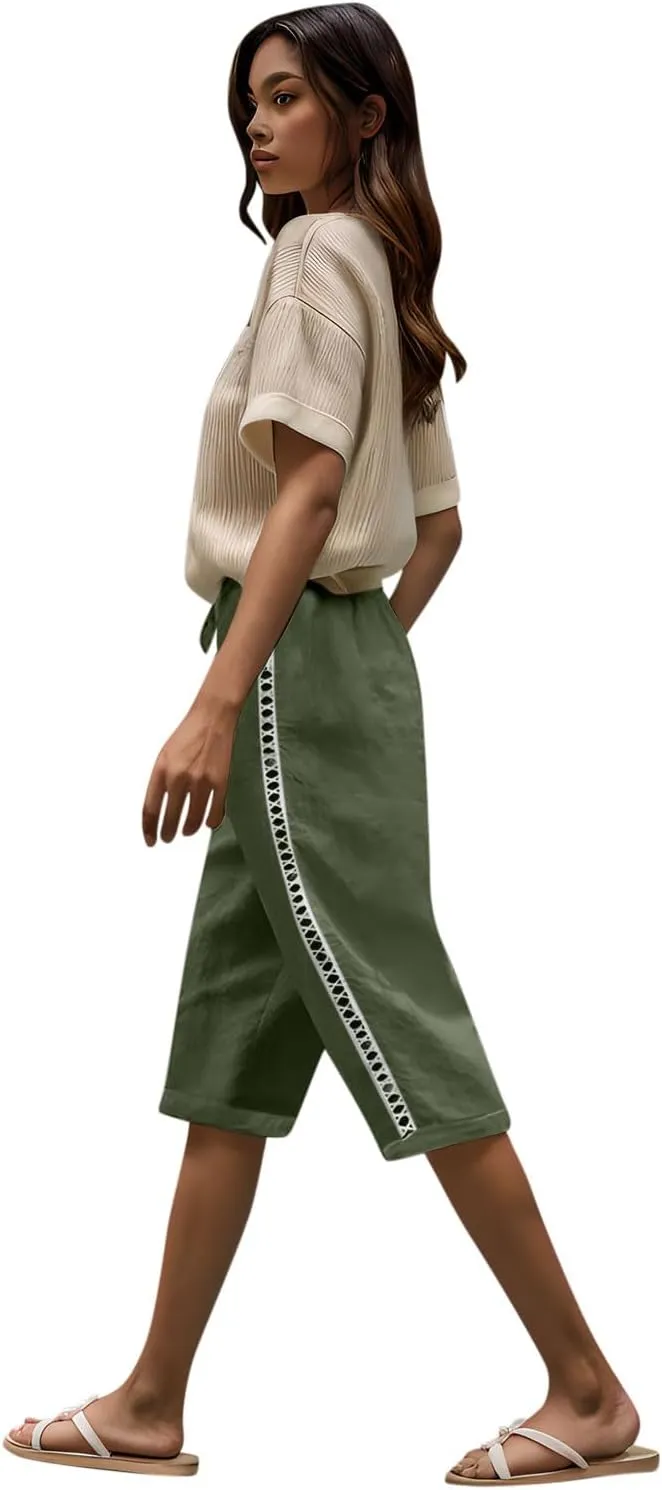Shorts for Women Fashion Drawstring Elastic High Waisted Side Hollow Out Knee Length Solid Short with Pockets