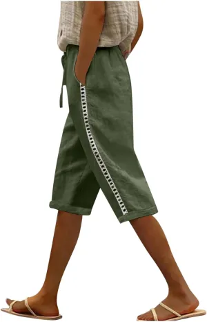 Shorts for Women Fashion Drawstring Elastic High Waisted Side Hollow Out Knee Length Solid Short with Pockets