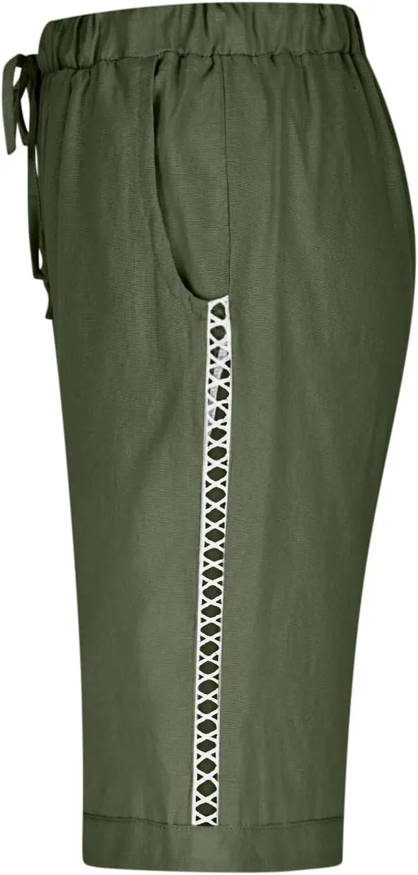 Shorts for Women Fashion Drawstring Elastic High Waisted Side Hollow Out Knee Length Solid Short with Pockets