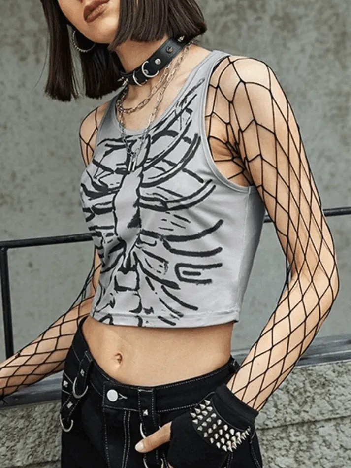 Skull Print Cropped Trendy Black Cami Top