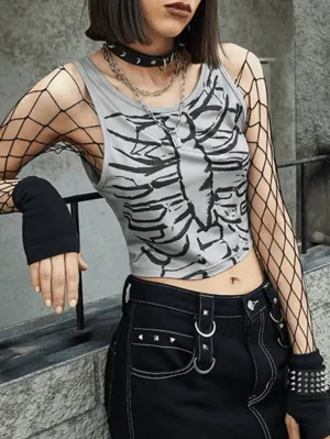 Skull Print Cropped Trendy Black Cami Top