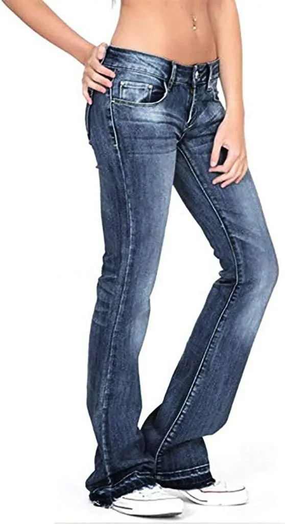 Stretchy Bell Bottoms Jeans for Women Classic High Waisted Destroyed Raw Hem Bootcut Flared Denim Pants Plus Size