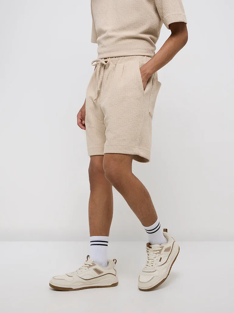 Studiofit Beige Knit-Textured Relaxed-Fit Mid-Rise Shorts