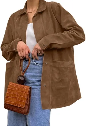 Suede Jacket Y2k Outerwear Brown Faux Leather Jacket Women Oversized Blazers Fall Fashion 2024 Trendy