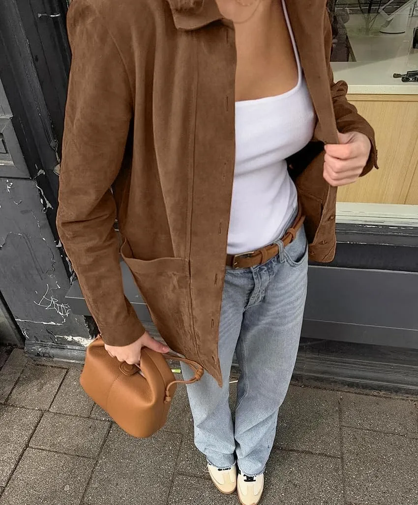 Suede Jacket Y2k Outerwear Brown Faux Leather Jacket Women Oversized Blazers Fall Fashion 2024 Trendy