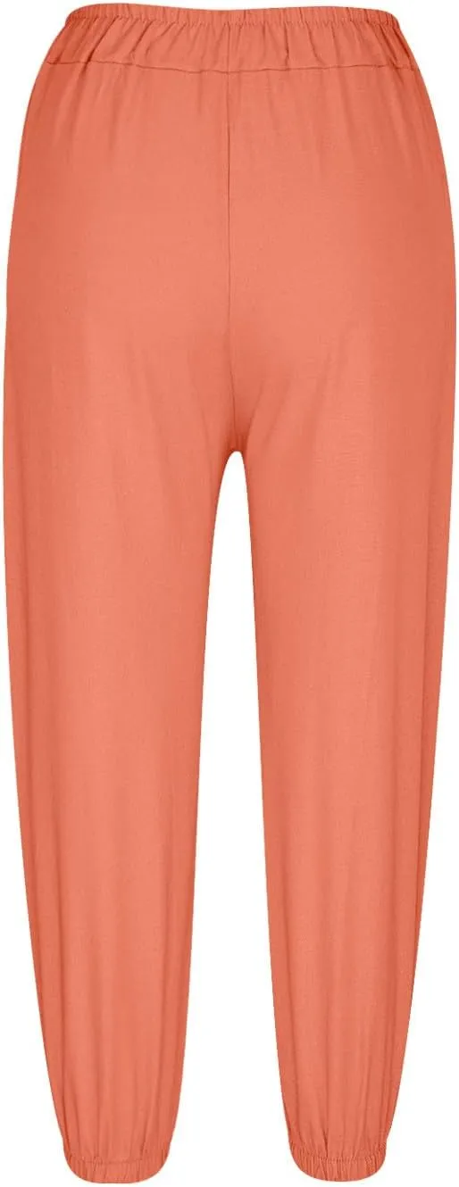 Summer Casual Pants for Women Elastic Waist Cotton Linen Trousers Lightweight Breathable Comfortable Lounge Wear
