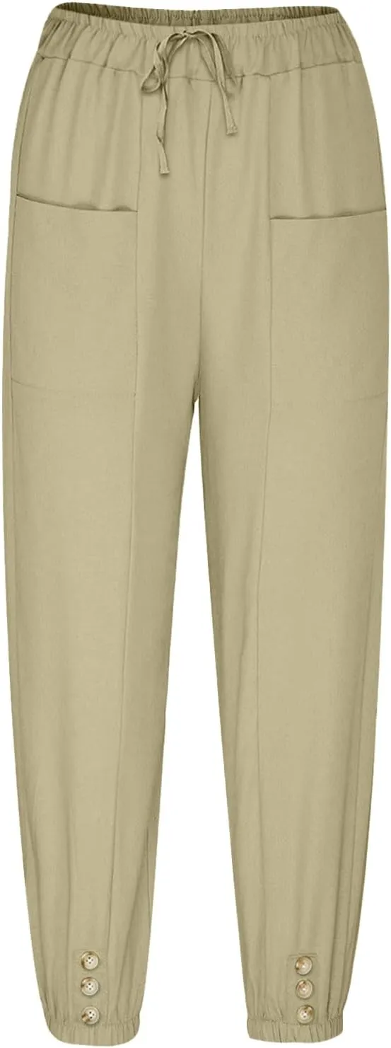 Summer Casual Pants for Women Elastic Waist Cotton Linen Trousers Lightweight Breathable Comfortable Lounge Wear
