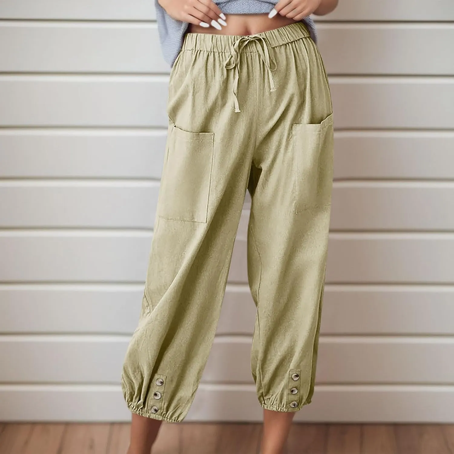 Summer Casual Pants for Women Elastic Waist Cotton Linen Trousers Lightweight Breathable Comfortable Lounge Wear