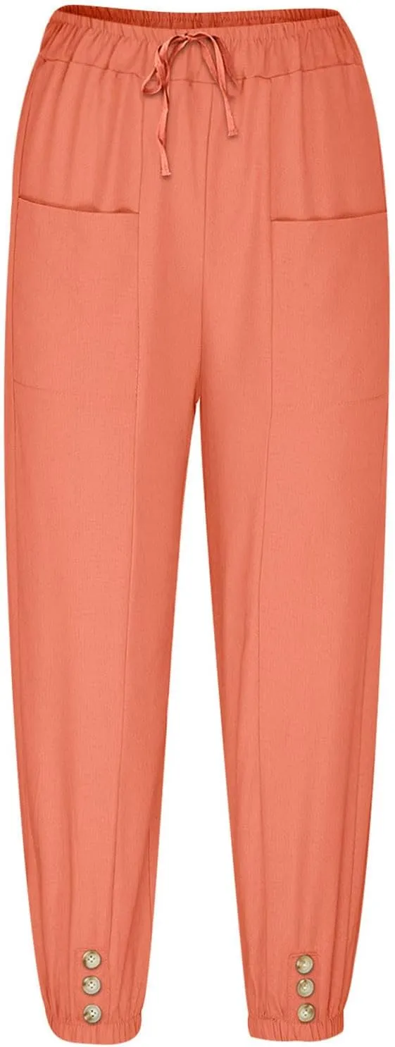 Summer Casual Pants for Women Elastic Waist Cotton Linen Trousers Lightweight Breathable Comfortable Lounge Wear