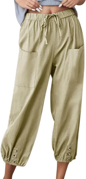 Summer Casual Pants for Women Elastic Waist Cotton Linen Trousers Lightweight Breathable Comfortable Lounge Wear