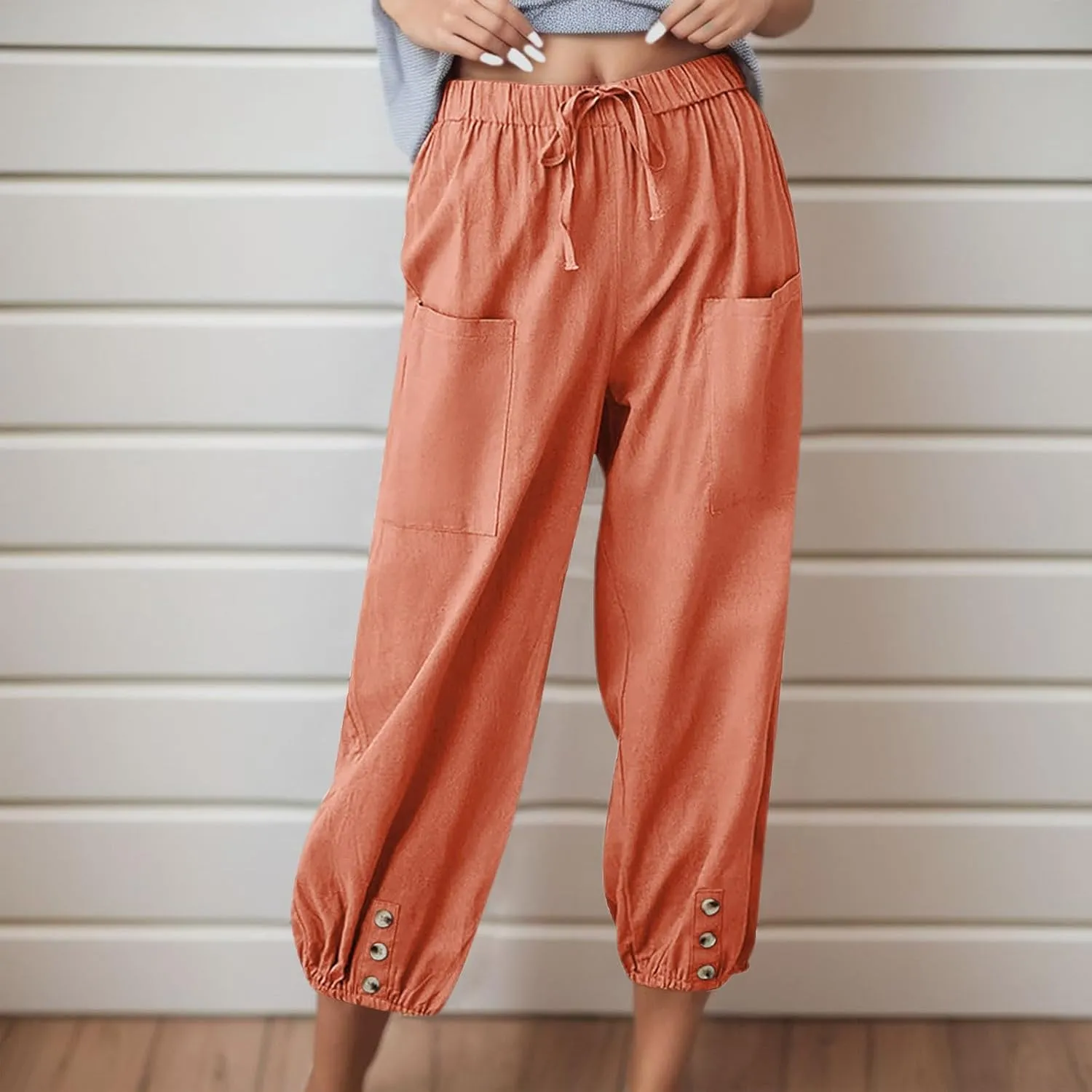Summer Casual Pants for Women Elastic Waist Cotton Linen Trousers Lightweight Breathable Comfortable Lounge Wear