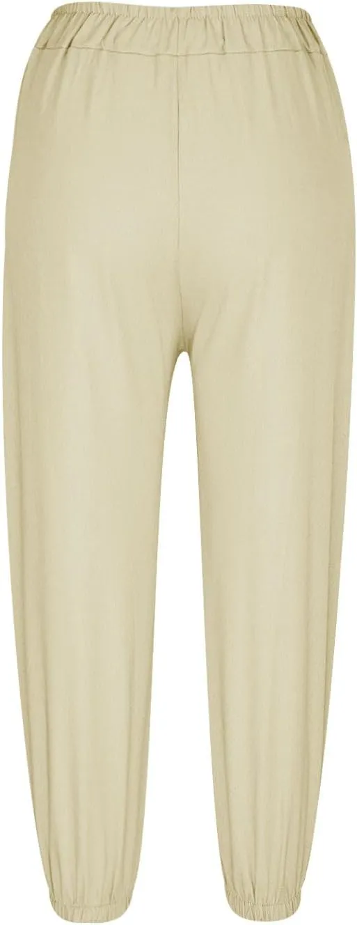 Summer Casual Pants for Women Elastic Waist Cotton Linen Trousers Lightweight Breathable Comfortable Lounge Wear