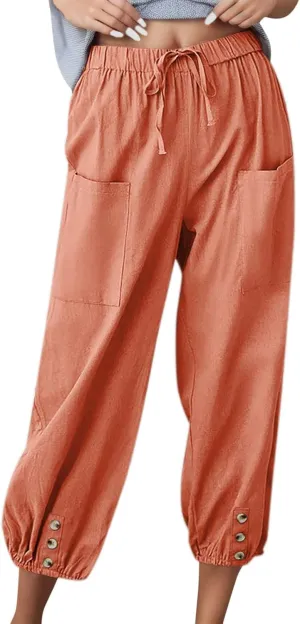 Summer Casual Pants for Women Elastic Waist Cotton Linen Trousers Lightweight Breathable Comfortable Lounge Wear
