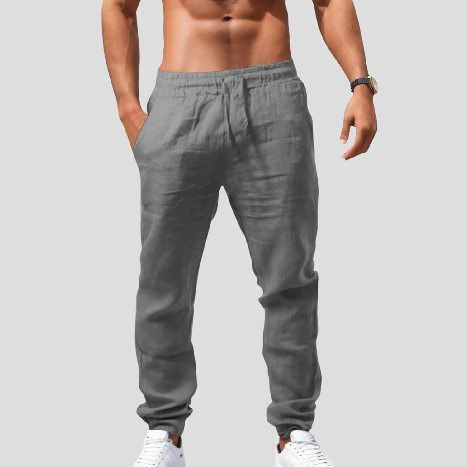 Summer Linen Pants for Men Workout Track Pant Stretch Elastic Waist Classic Fit Trousers Gym Golf Sweatpants