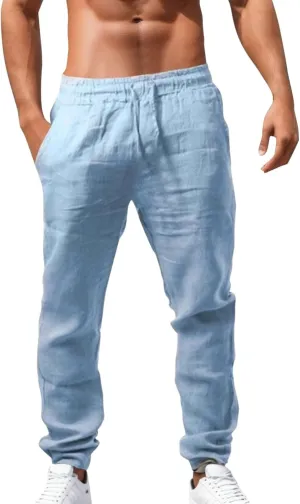 Summer Linen Pants for Men Workout Track Pant Stretch Elastic Waist Classic Fit Trousers Gym Golf Sweatpants