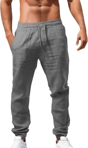Summer Linen Pants for Men Workout Track Pant Stretch Elastic Waist Classic Fit Trousers Gym Golf Sweatpants