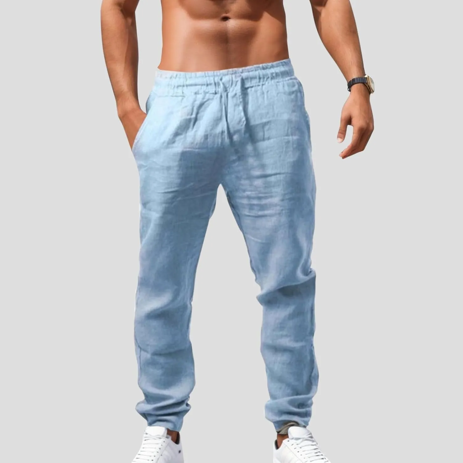 Summer Linen Pants for Men Workout Track Pant Stretch Elastic Waist Classic Fit Trousers Gym Golf Sweatpants
