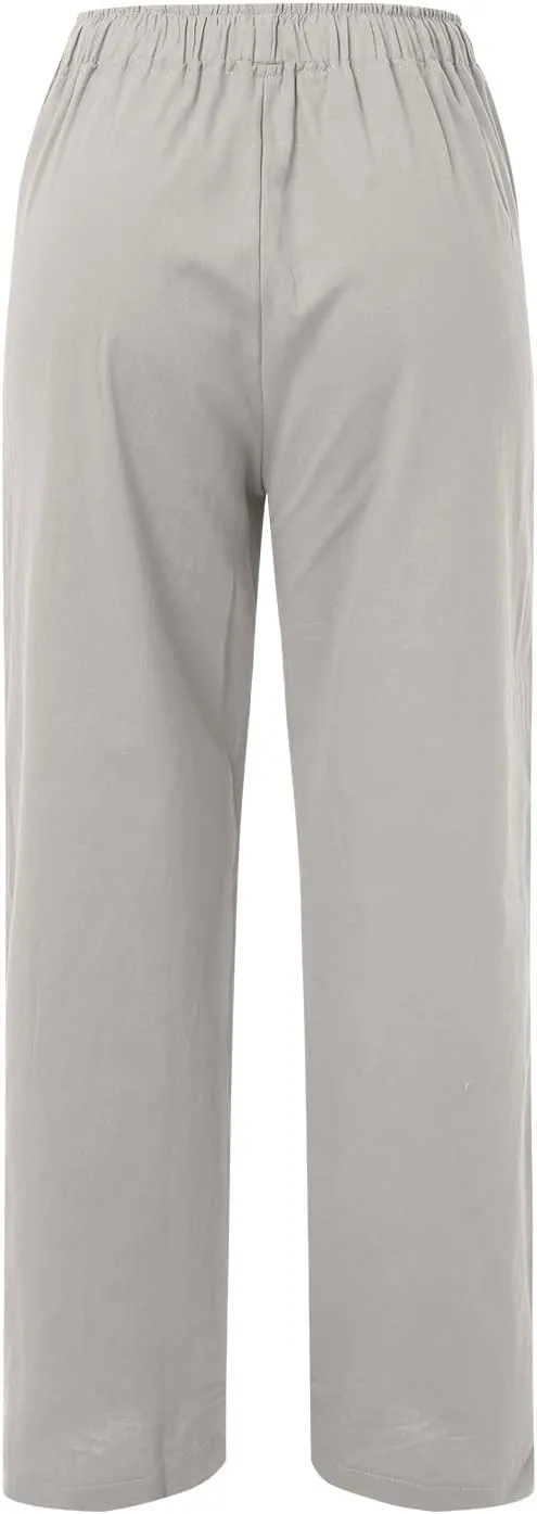 Summer Linen Pants For Women 2024 Summer Wide Leg Casual Palazzo Pants Drawstring Lounge Trousers Baggy Sweatpants