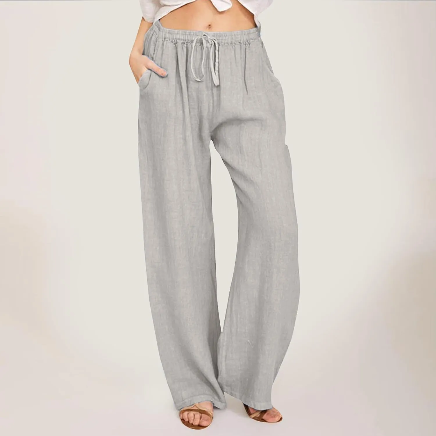 Summer Linen Pants For Women 2024 Summer Wide Leg Casual Palazzo Pants Drawstring Lounge Trousers Baggy Sweatpants