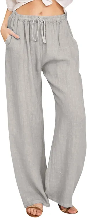 Summer Linen Pants For Women 2024 Summer Wide Leg Casual Palazzo Pants Drawstring Lounge Trousers Baggy Sweatpants