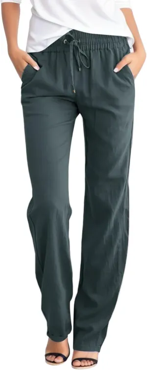 Summer Linen Pants For Women 2024 Trousers With Pockets Casual Drawstring Elastic Waist Lounge Vacation Sweatpants