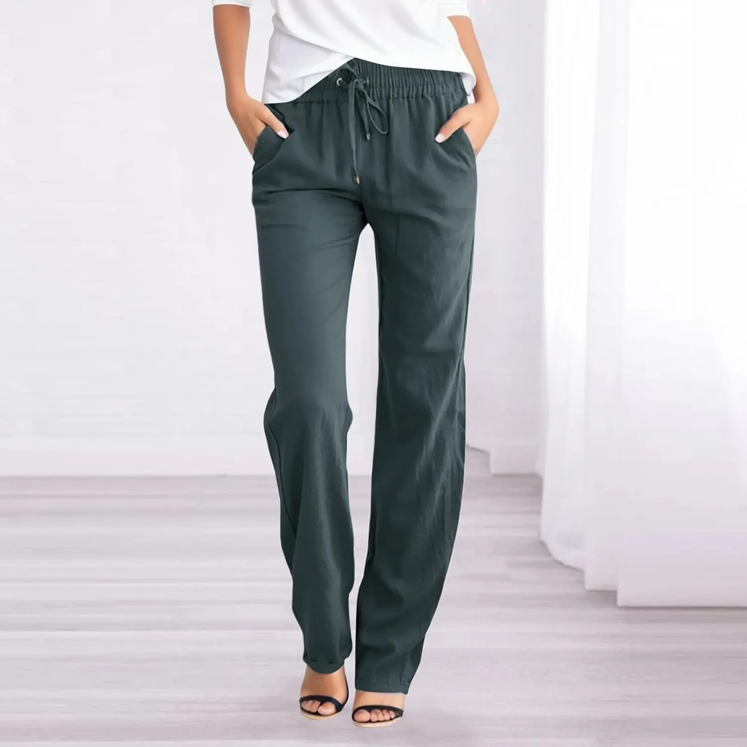 Summer Linen Pants For Women 2024 Trousers With Pockets Casual Drawstring Elastic Waist Lounge Vacation Sweatpants