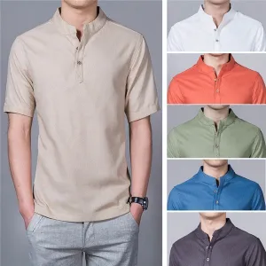 Summer Mens Plus Size Chinese Style Linen Breathable Short sleeved Stand Collar T Shirts