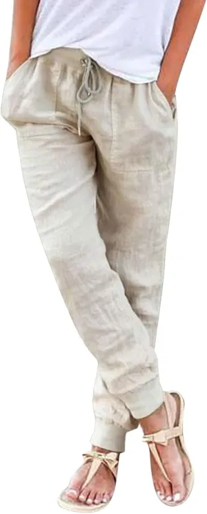 Summer Pants For Women 2024 Linen Straight Leg Beach Pants Drawstring High Waist Loose Comfy Trousers with Pockets
