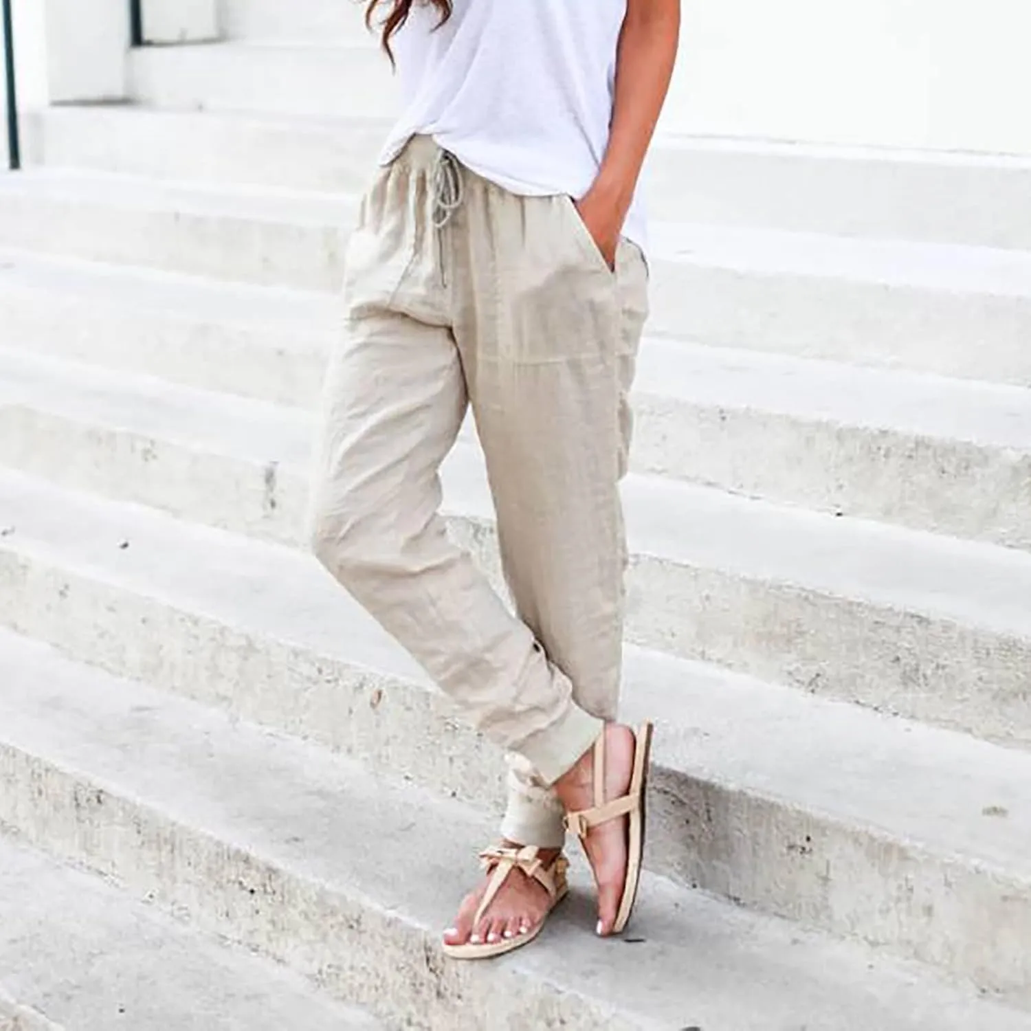 Summer Pants For Women 2024 Linen Straight Leg Beach Pants Drawstring High Waist Loose Comfy Trousers with Pockets
