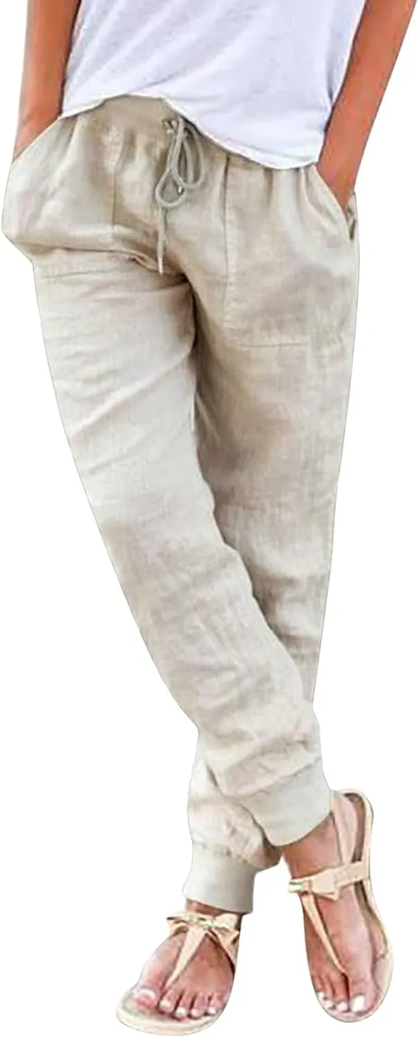 Summer Pants For Women 2024 Linen Straight Leg Beach Pants Drawstring High Waist Loose Comfy Trousers with Pockets