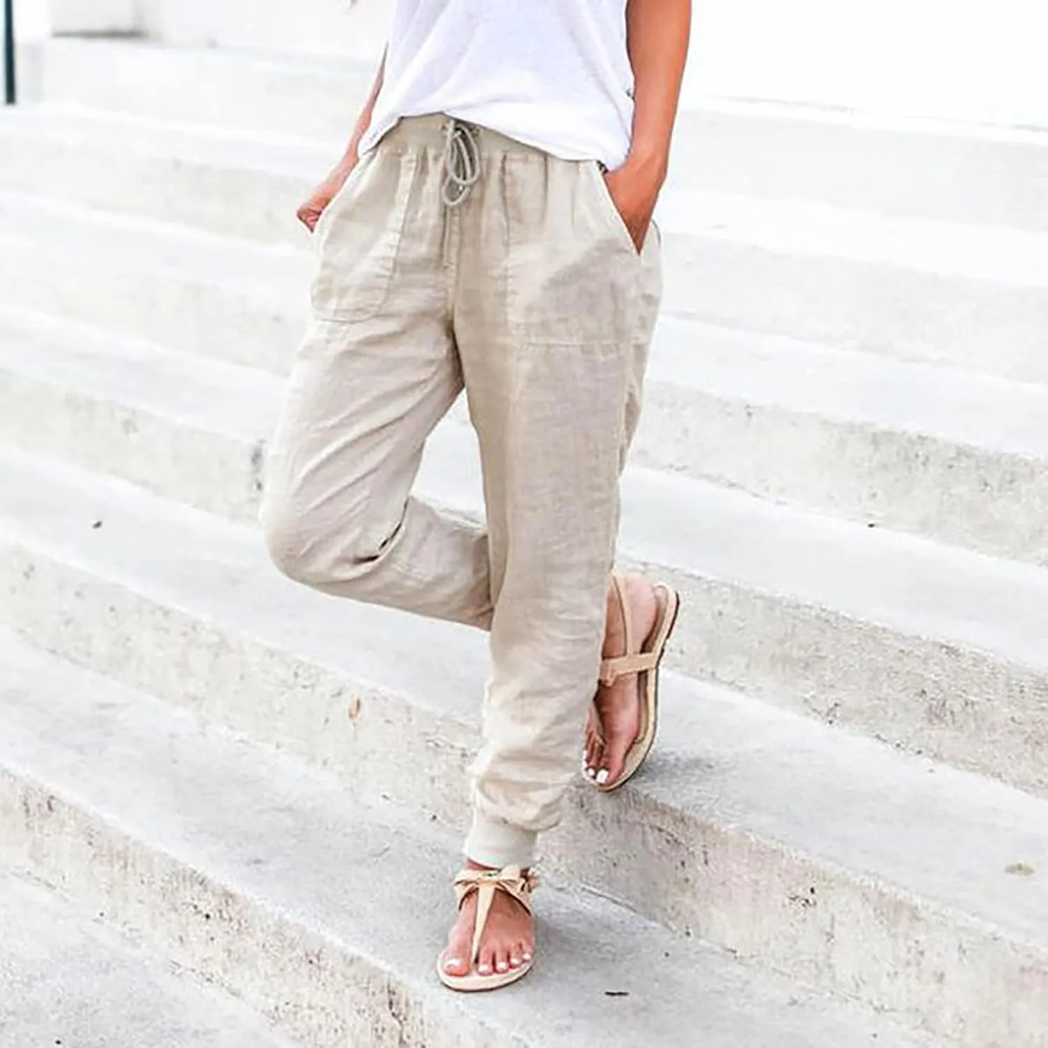 Summer Pants For Women 2024 Linen Straight Leg Beach Pants Drawstring High Waist Loose Comfy Trousers with Pockets