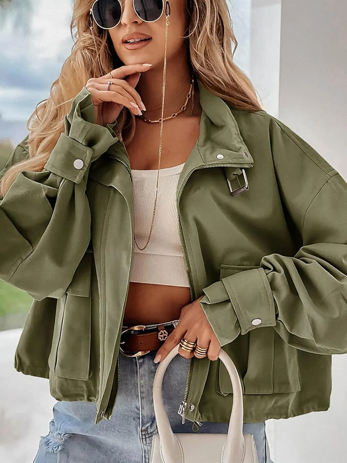 Tankaneo Womens Cropped Bomber Jacket Long Sleeve Zip Up Casual Coats Loose Fit Outerwear with Pockets