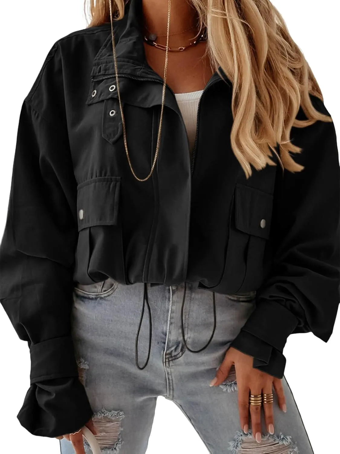 Tankaneo Womens Cropped Bomber Jacket Long Sleeve Zip Up Casual Coats Loose Fit Outerwear with Pockets