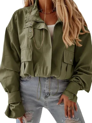 Tankaneo Womens Cropped Bomber Jacket Long Sleeve Zip Up Casual Coats Loose Fit Outerwear with Pockets
