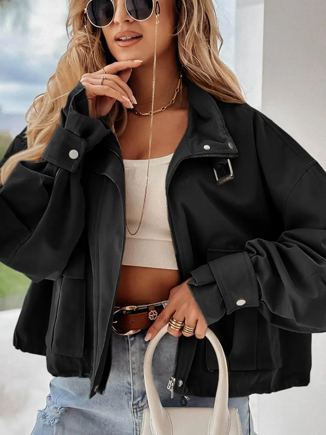 Tankaneo Womens Cropped Bomber Jacket Long Sleeve Zip Up Casual Coats Loose Fit Outerwear with Pockets