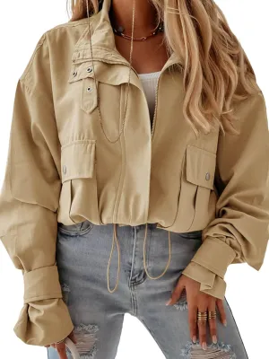 Tankaneo Womens Cropped Bomber Jacket Long Sleeve Zip Up Casual Coats Loose Fit Outerwear with Pockets