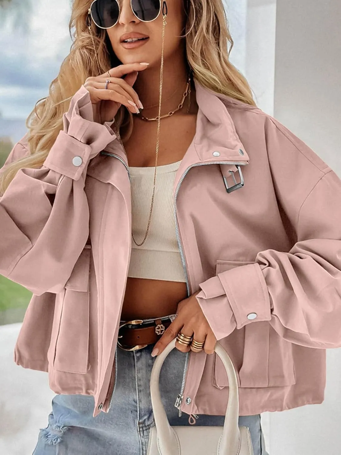 Tankaneo Womens Cropped Bomber Jacket Long Sleeve Zip Up Casual Coats Loose Fit Outerwear with Pockets