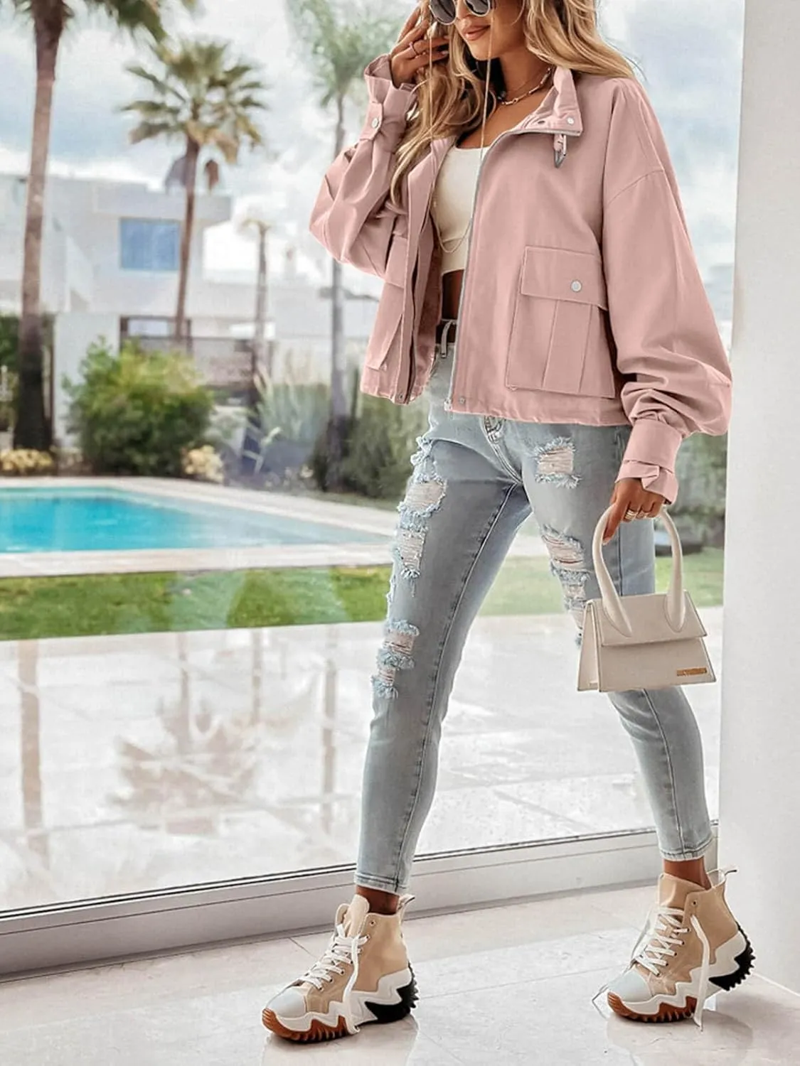 Tankaneo Womens Cropped Bomber Jacket Long Sleeve Zip Up Casual Coats Loose Fit Outerwear with Pockets