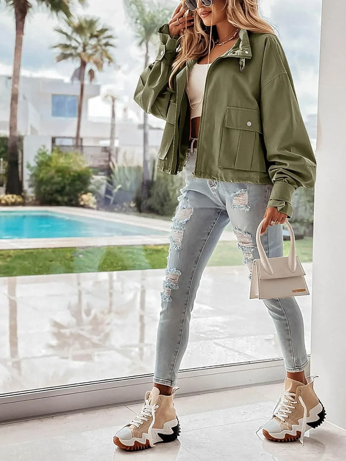 Tankaneo Womens Cropped Bomber Jacket Long Sleeve Zip Up Casual Coats Loose Fit Outerwear with Pockets