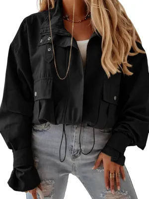 Tankaneo Womens Cropped Bomber Jacket Long Sleeve Zip Up Casual Coats Loose Fit Outerwear with Pockets