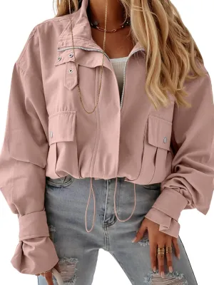 Tankaneo Womens Cropped Bomber Jacket Long Sleeve Zip Up Casual Coats Loose Fit Outerwear with Pockets
