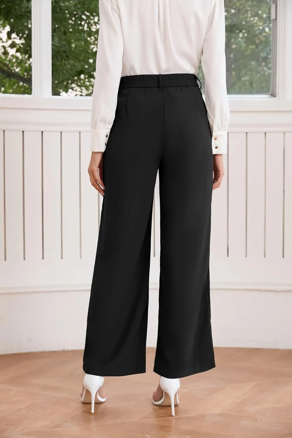 TASAMO Women High Waist Wide Leg Pants Elastic Waisted in The Back Office Business Casual Work Trousers Straight Suit Pants