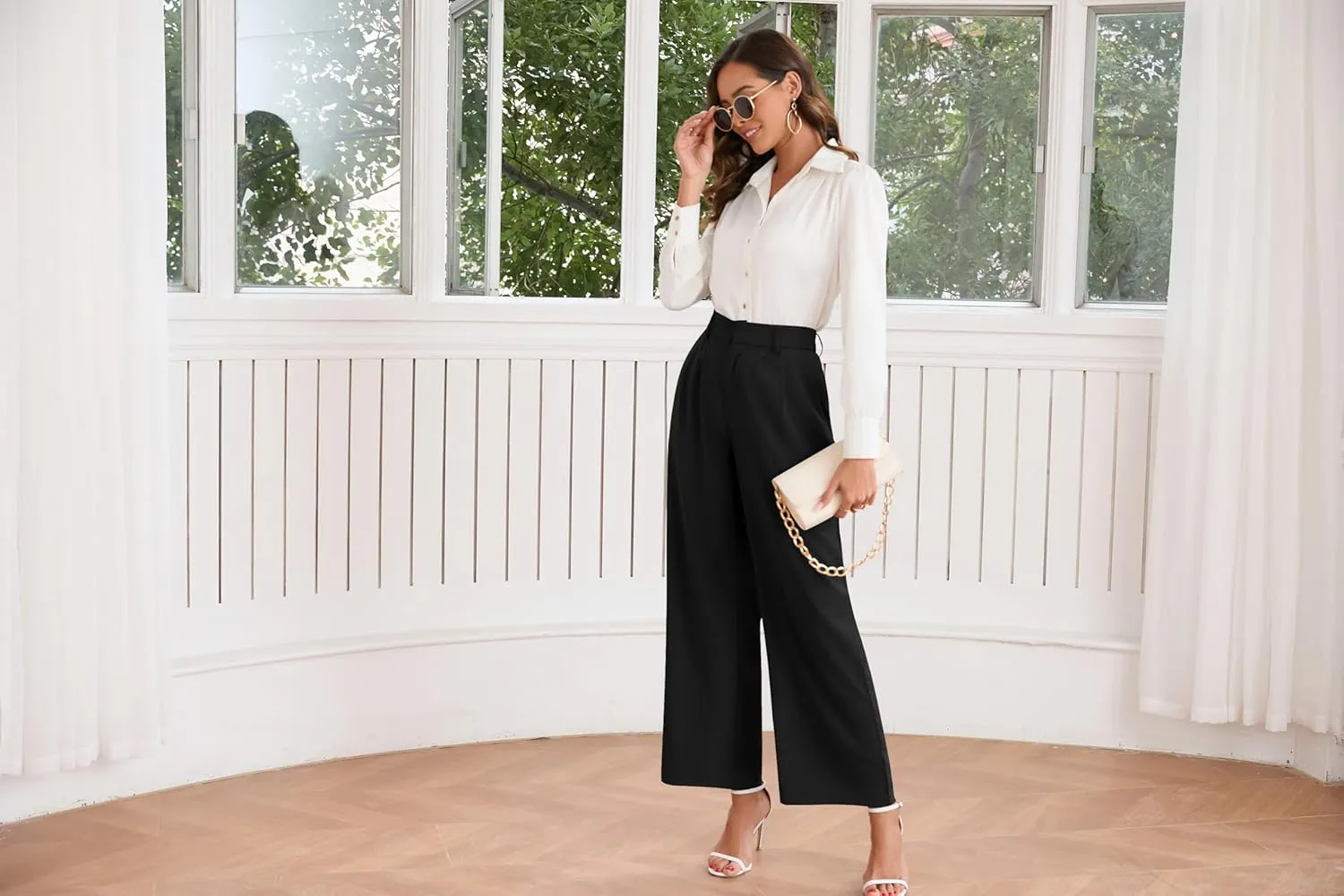 TASAMO Women High Waist Wide Leg Pants Elastic Waisted in The Back Office Business Casual Work Trousers Straight Suit Pants