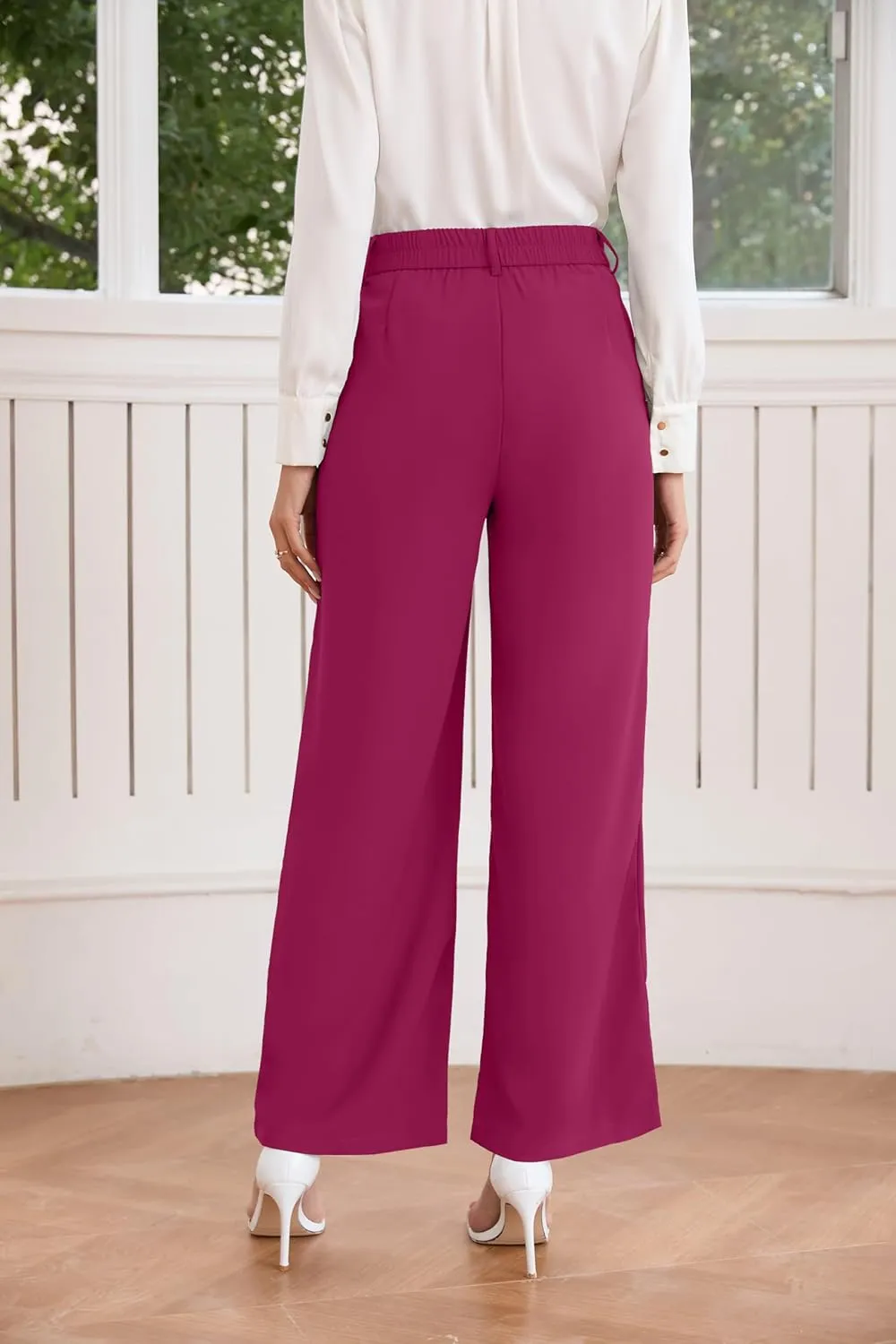 TASAMO Women High Waist Wide Leg Pants Elastic Waisted in The Back Office Business Casual Work Trousers Straight Suit Pants