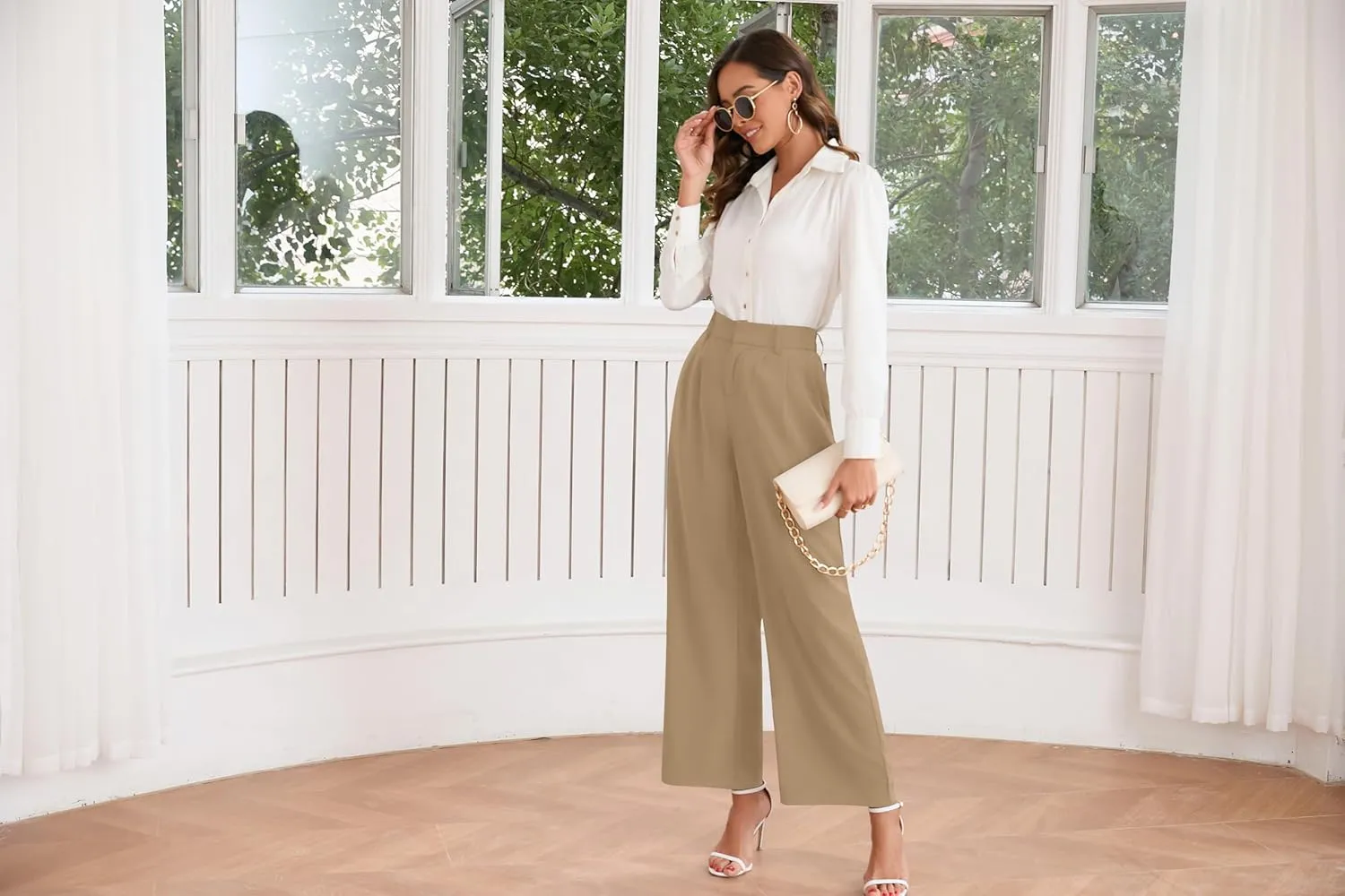 TASAMO Women High Waist Wide Leg Pants Elastic Waisted in The Back Office Business Casual Work Trousers Straight Suit Pants