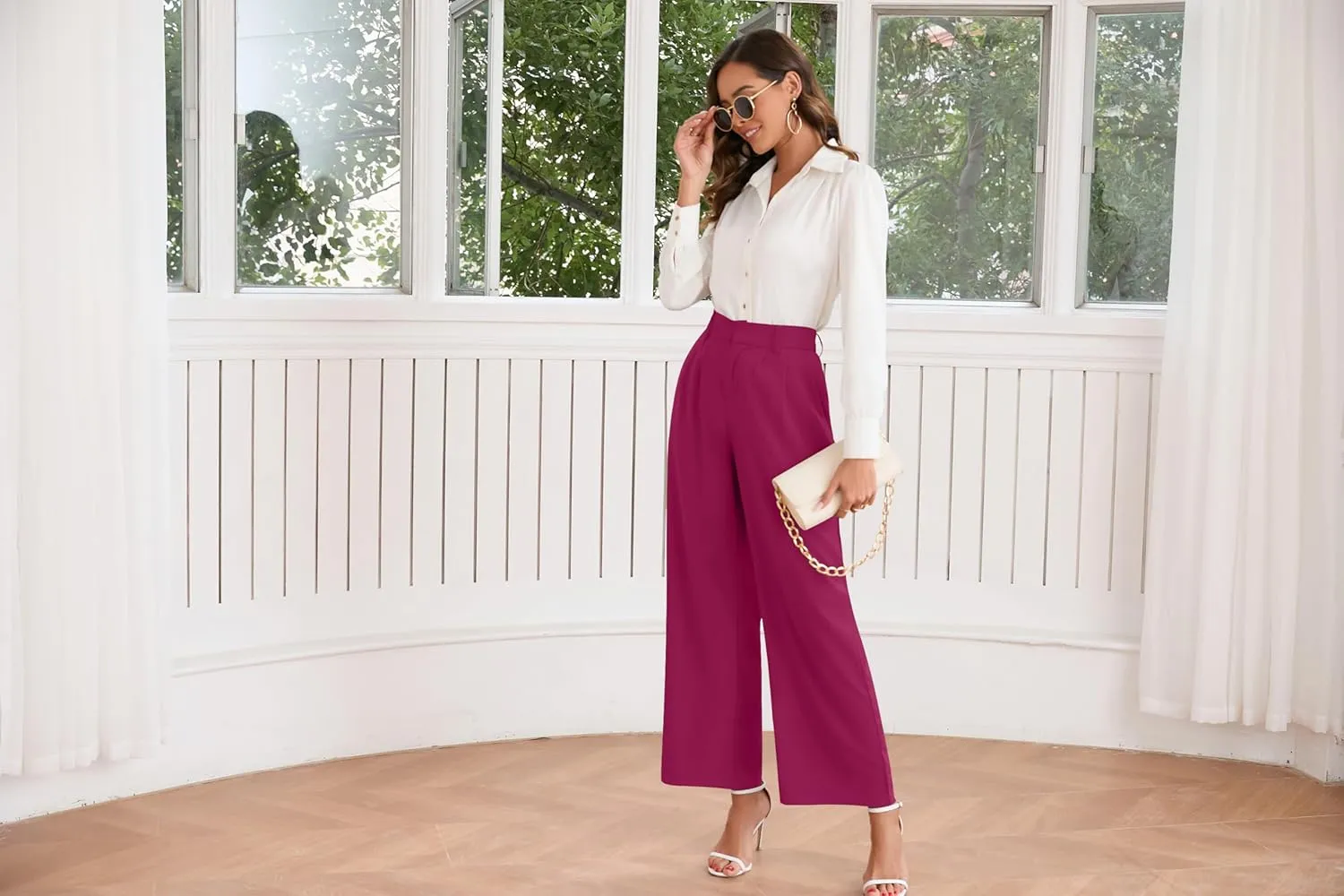TASAMO Women High Waist Wide Leg Pants Elastic Waisted in The Back Office Business Casual Work Trousers Straight Suit Pants